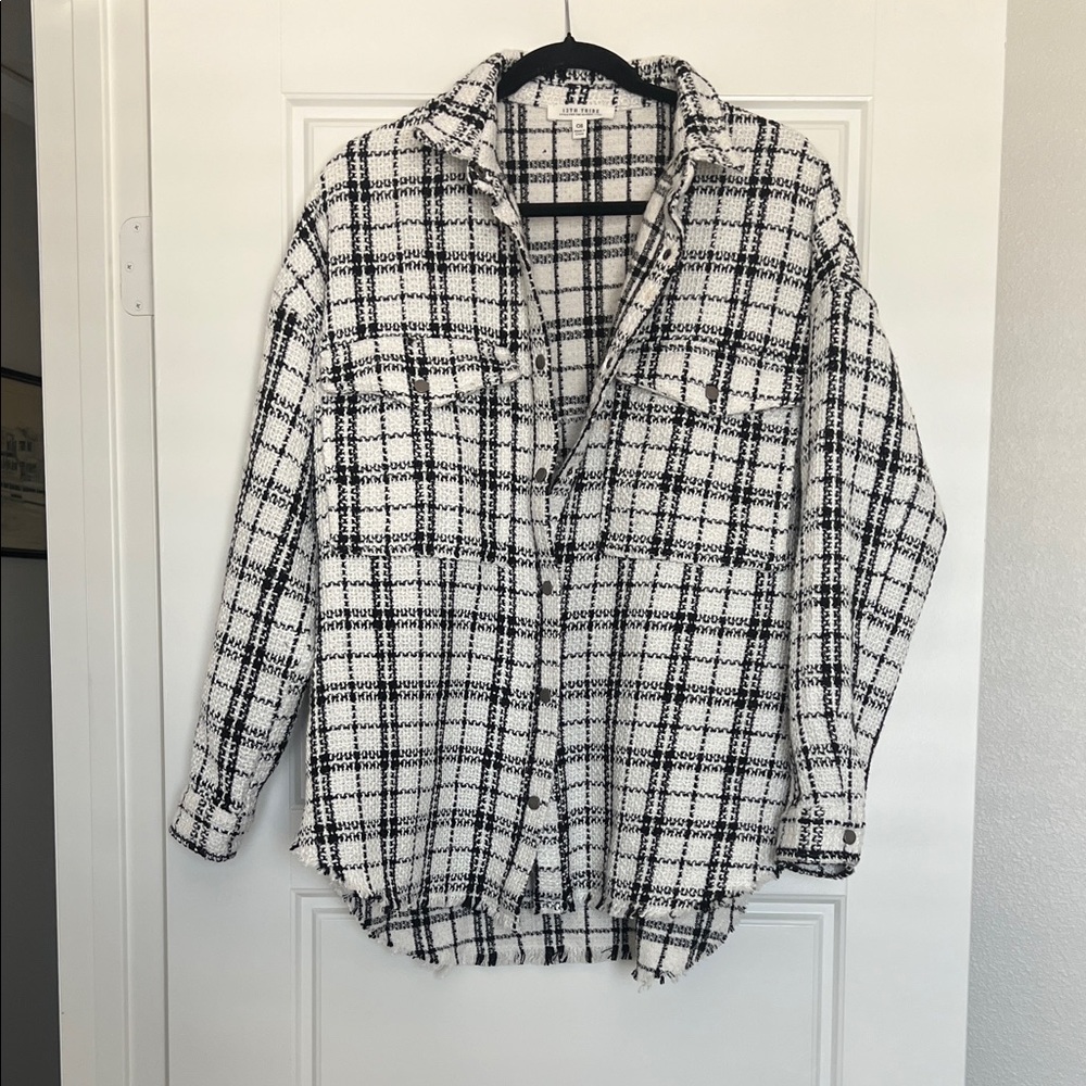 12th Tribe Monochrome Black & White Plaid Textured Shacket